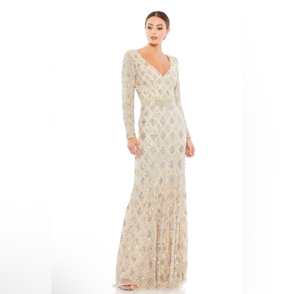 Mac Duggal Champagne Embellished Long Sleeve Evening Gown